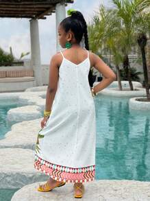 Vestido sin mangas con estampado tropical para niñas preadolescentes, ropa de playa y resort de verano, conjunto a juego de madre e hija (se venden por separado 2 piezas)