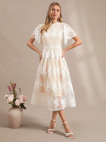 Amorya Women's Elegant Lace Romantic Glamorous Ruffled Sleeve Casual Day Dress, Suitable For Party And Daily Wear Women Nice Dress Dresses Classy Elegant Derby Dress Summer Dresses For Women