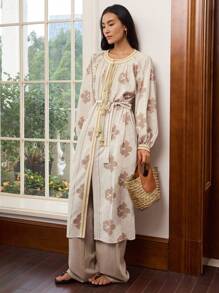 Dazy-Less Floral Print All Over Boho Style Long Sleeve Women Blouse - Beige - View 4