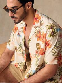 Manfinity VCAY 2pcs/Set Men Casual Floral Printed Fitted Camp Collar Short Sleeve Shirt And Solid Color Drawstring Waist Shorts Set, Suitable For Holiday - Multicolor - View 4