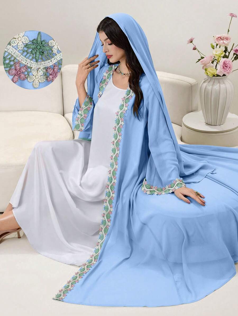Al Najma Spring/Summer Arabic Style Abaya With Headscarf, Decorative Floral Trim On Collar, Cuffs And Flared Sleeves, Modest Robe - Blue - View 1