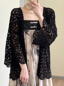 FRIFUL Áo khoác cardigan nữ màu đen trơn, kiểu dáng casual, chất liệu dệt kim khoét lỗ, thích hợp cho kỳ nghỉ hoặc du lịch. - màu đen - Xem 3