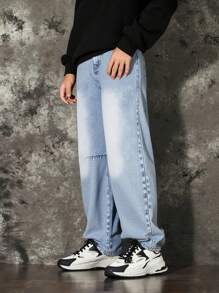 Tween Boys Fashionable Minimalist Comfortable Fitted Light Washed Blue Casual Daily Versatile Jeans, Spring/Autumn - Light Wash - View 4