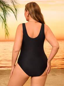 Swim Lushoire Plus Size Women One-Piece Colorblock Deep V Neck Casual Swimsuit For Summer Beach Vacation - Multicolor - View 2