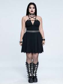 Whyspr Váy hàng ngày phong cách Punk Rave cỡ lớn mùa xuân và mùa hè tối màu gợi cảm ôm vừa vặn đa năng táo bạo tiên phong cổ áo ngôi sao thắt chéo eo cao ôm sát ren viền vá - màu đen - Xem 3