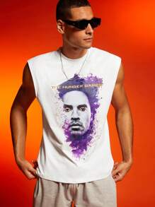 The Hunger Games X SHEIN Men's White Knitted Graphic Tank Top: Casual Round Neck Sleeveless Tee With Regular Hem And Print - White - View 1