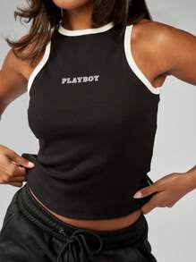 Missguided x Playboy Ribbed Athletic Tank Top Racerback Vest Gym Workout Fitness Sports Basic Summer Sleeveless Slim Fit Performance Training Crop Top Club Streetwear Car Racing - Black - View 6