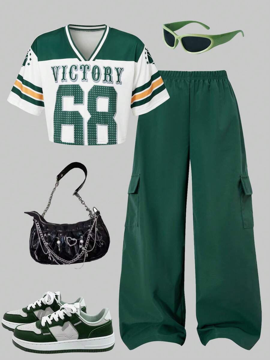 SHEIN Explorewe 2pcs/Set Girls Fashion Street Style V-Neck Letter Print Tee And Cool Cargo Wide Leg Pants, Casual Streetwear Outfit, Spring/Summer Set Outfit, School, Campus, College Summer Holiday - Dark Green - View 1