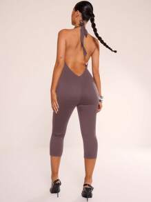 MUSERA Halterneck Capri Jumpsuit Summer Casual - Coffee Brown - View 3