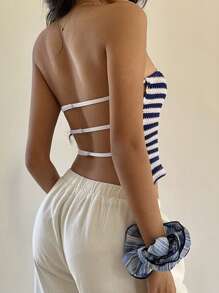 SHEIN PETITE 女士夏季休闲百搭针织条纹露背短款吊带背心 - 藍白色 - 查看 7