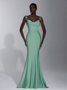 SHEIN Belle 优雅绿色细肩带系带蝴蝶结露背水钻链条装饰美人鱼伴娘礼服 - 薄荷綠 - 查看 6