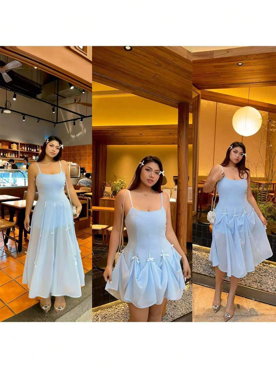 Cravure Đầm xòe thắt eo nơ cỡ lớn cho nữ thanh lịch nhiều kiểu dáng - Màu xanh lam - Xem 1