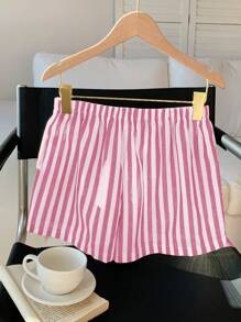 Comfortcana Short de verano para mujer con rayas, cintura con cordón y bolsillos laterales - Rosa - Ver 2