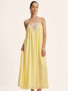 SHEIN Unity Elegant Chiffon V-Neck Dress,White And Yellow Summer Brunch Resort Style,Ruched Yoke Contrast Lace,Luxurious Casual Party Cocktail Boho Vacation - Yellow - View 3