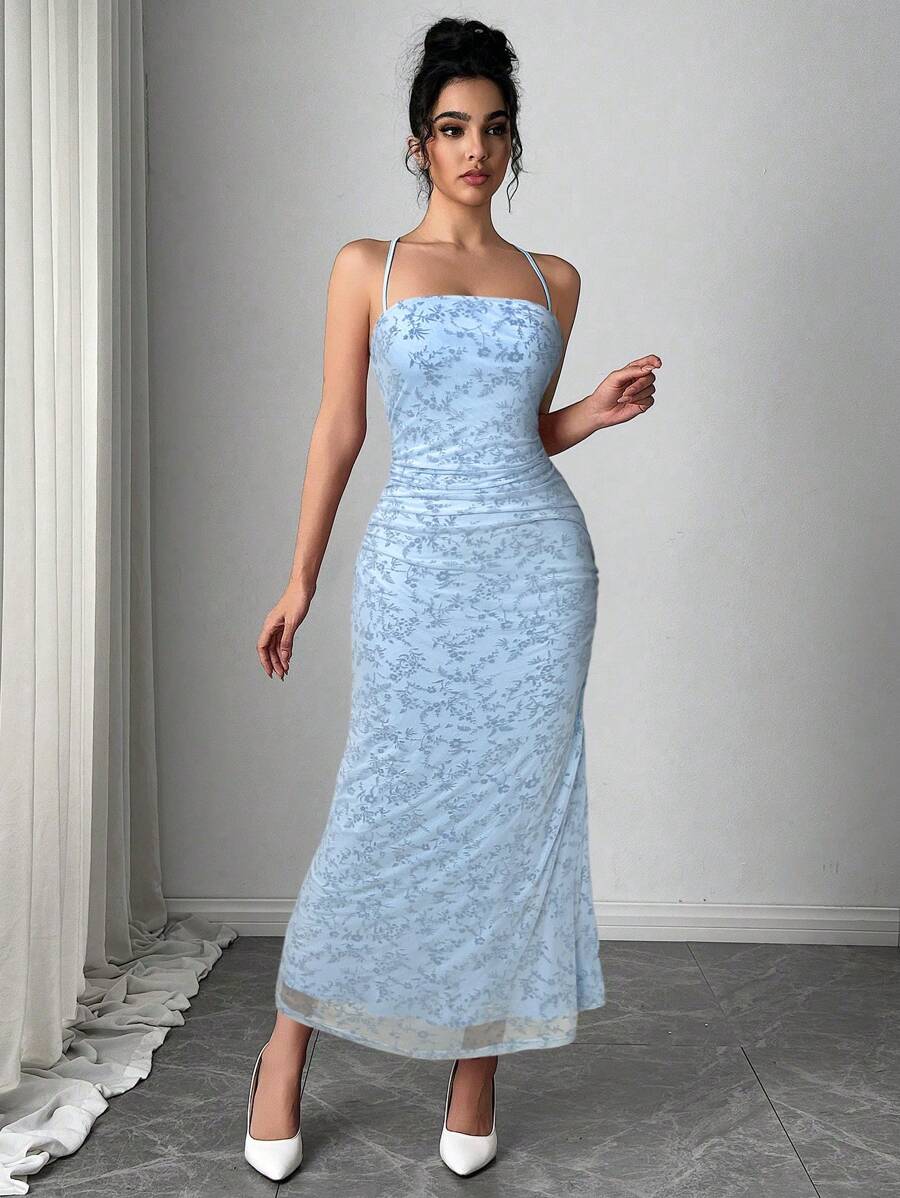 Firerie Festival New Valentine's Day Elegant Romantic Pink Flocked Floral Spaghetti Strap Cinched Waist Asymmetrical Ruched Mermaid Maxi Dress - Blue - View 1
