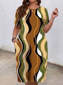 EMERY ROSE Plus Size Women's Wave Striped Geometric Print Crew Neck Country Vacation Dress, Spring/Summer Suitable For Going Out Chic Dress - Multicolor - View 6