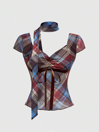 J-Fashion Camiseta de manga corta con cuello en forma de corazón y acento de bufanda a cuadros estilo Y2K para mujeres