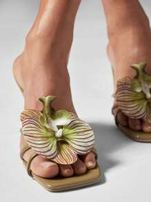 MISSGUIDED Designer Square Toe Mule Sandals With Orchid Flower Embellishment Stylish Block Heel Summer Wedding Party Evening Footwear - Green - View 3