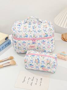 Butterfly & Ditsy Floral Portable Cosmetic Bag - Blue - View 7