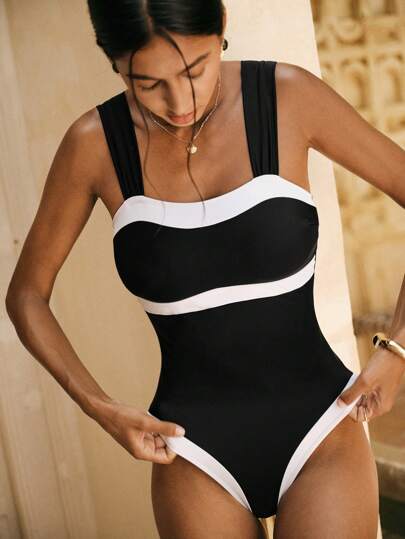 Swim Chiccia Women's Elegant Black And White Color Block One-Piece Swimsuit For Summer Beach Vacation