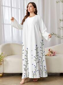 Al Najma Plus Size Women's Elegant Floral Print Arabic Abaya, Robe, Modest