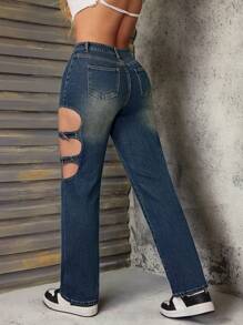 SHEIN SXY Damen Jeans mit niedriger Taille, weite gerade Passform mit Aushöhlung, Vintage-Mode, Neu im Sommer - Blau - Übersicht 2