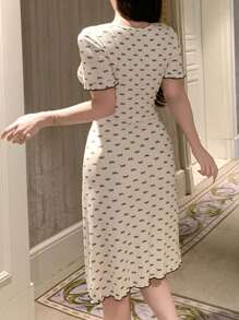 DAZY Bow Print Ruched Design Frill Hem Fitted Women Nightgown Pajama - Beige - View 2