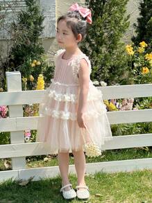 DAZY Young Girl Mesh Patchwork Ruffle Trim Sleeveless Round Neck Dress,Girls Summer Outfits - Baby Pink - View 6