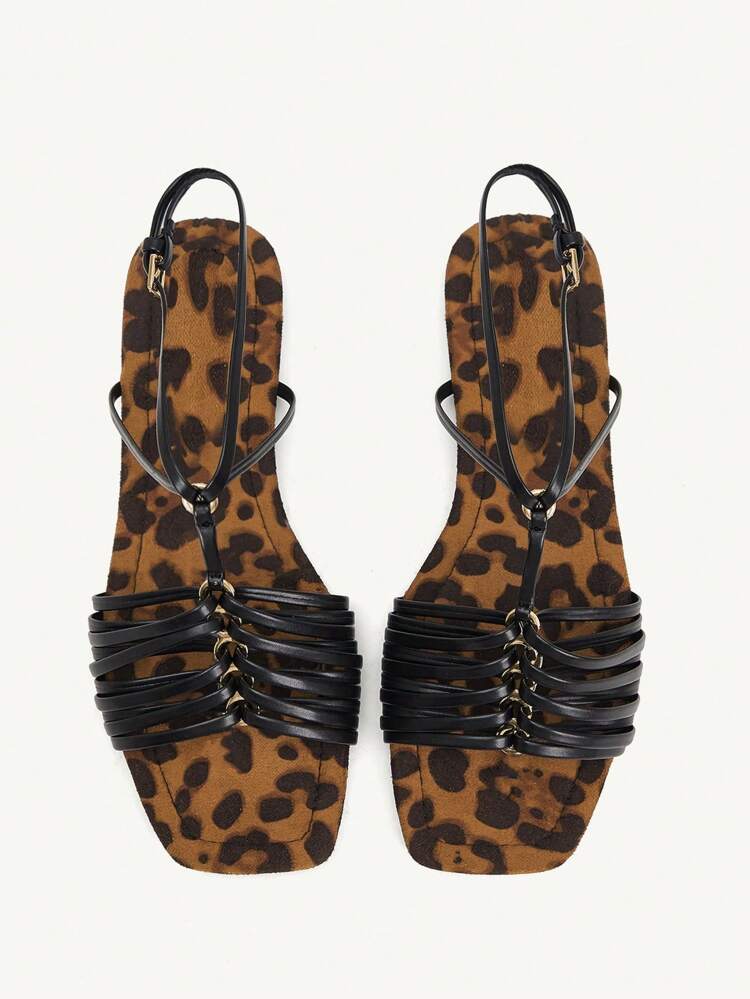 CUCCOO CHICEST Women's Summer Leopard Print Faux Suede Criss-Cross Flat Sandals With Woven Straps, Comfortable Cushioned Insole, Elegant Beach/Resort Style, Black
