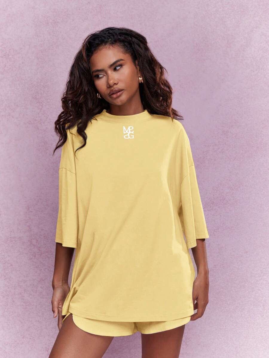 MISSGUIDED Oversized Drop Shoulder T-Shirt Comfort Fit Loungewear Weekend Casual Summer Spring Urban Streetwear Athletic Basic Essential - Yellow - View 1