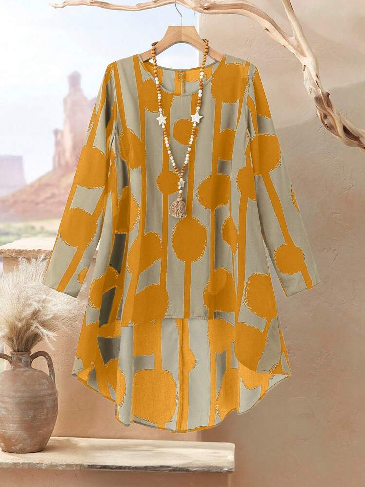 Rusticease Plus Size Women 2pcs Set Geometric Print Round Neck