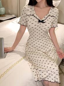 DAZY Bow Print Ruched Design Frill Hem Fitted Women Nightgown Pajama - Beige - View 1