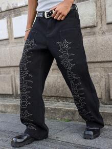 Manfinity EMRG Men's Black Washed Gothic Graffiti Print Loose Wide-Leg Jeans
