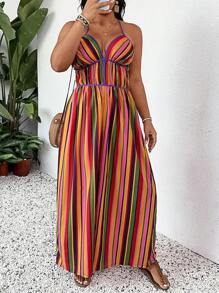 SHEIN SXY 大码女式性感彩色条纹面料撞色紫色腰带装饰交叉肩带阔腿连体裤，适合早春、春夏季、雨林、海滩派对、海边度假、篝火晚会，凉爽轻盈，修身版型，穿着舒适，易于搭配且看起来苗条，凸显您的身材，凸显身材 - 彩色 - 查看 5