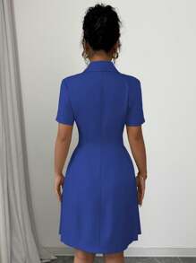 Elenzga Women's Elegant V-Neck Collared Double-Breasted Waist Fit And Flare Short Sleeve Mini Dress, Commuter & Casual - Royal Blue - View 2