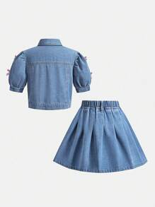 SHEIN Tween Girls Denim Two Pieces Outfits - Light Wash - View 2