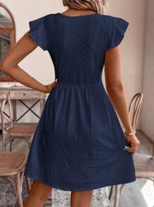 SHEIN Frenchy Vestido de mediana longitud elegante con cuello en V sin mangas, en unicolor con inserción de encaje, esencial para la temporada de bodas de verano, atuendo de verano, esencial para la temporada de bodas, estilo "Cottagecore" - Azul Marino - Ver 4