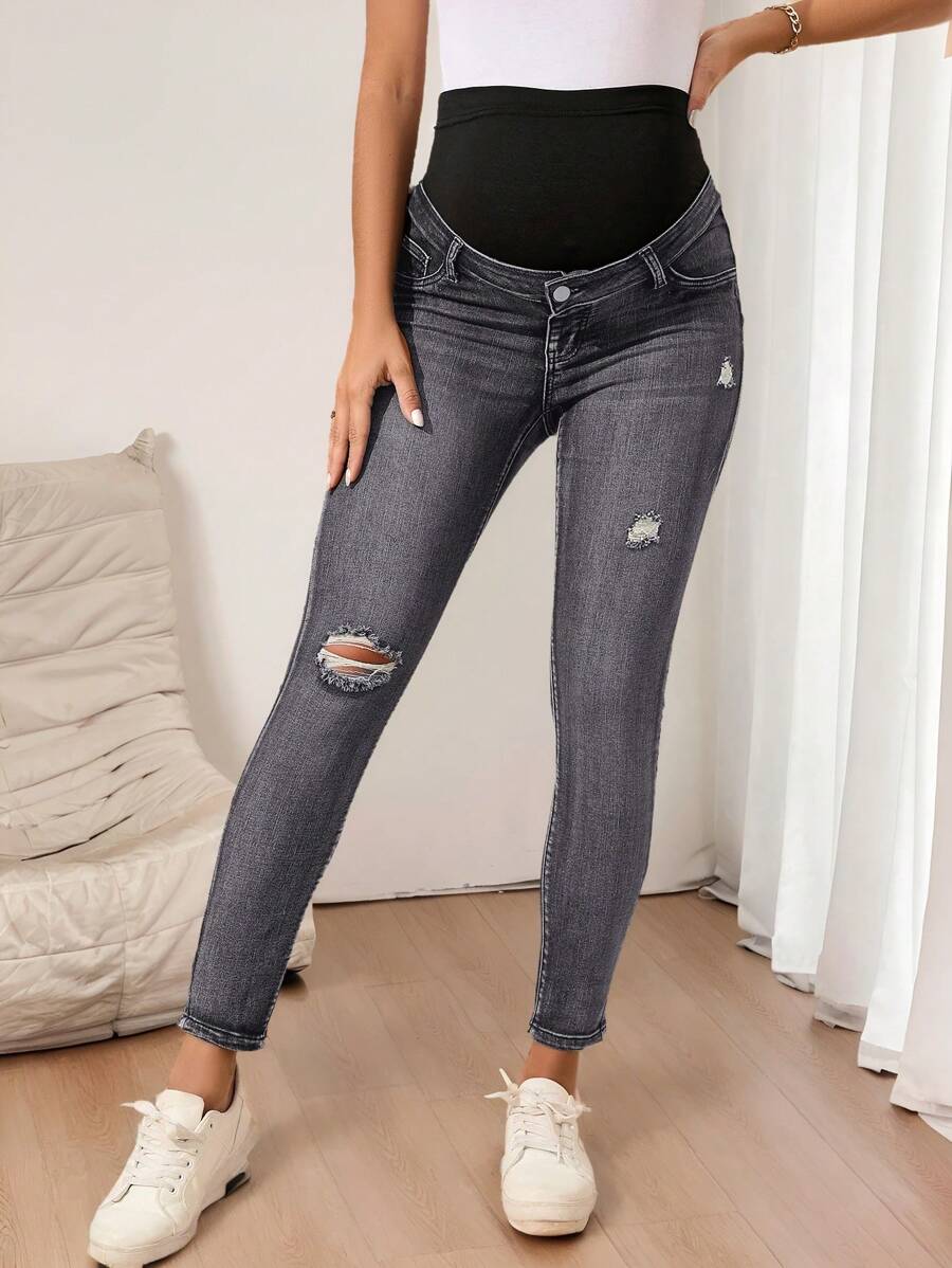 SHEIN Maternity High Waist Ripped Skinny Casual Versatile Jeans - Black - View 1