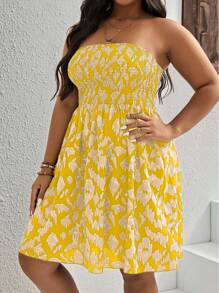 SHEIN VCAY 加大印花褶皱筒夏装 - 黃色 - 查看 4