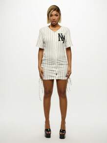 SUMWON WOMEN Vestido camiseta mini con estilo de béisbol, con detalle de cordones laterales, de rayas, deportivo y casual, con mangas cortas, de botones, para primavera y verano, prenda deportiva y de moda