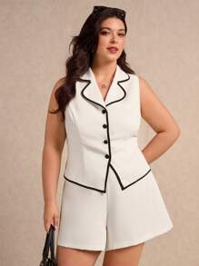 Elaquor Plus Size Commuting Contrast Trim Vest & Shorts 2 Pieces Set
