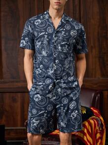 HARRY POTTER X SHEIN 男士全印花短袖上衣和短裤家居服睡衣套装 - 藏蓝色 - 查看 5