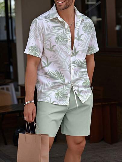 Manfinity RSRT Men's Plant Print Button Front Short Sleeve Hawaiian Shirt And Drawstring Waist Shorts Set, Summer, Cozy Outfits