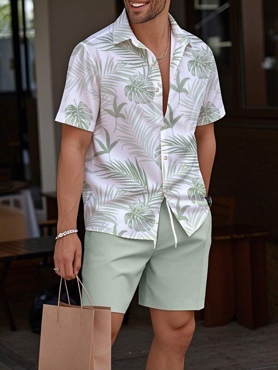 Manfinity RSRT Men's Plant Print Button Front Short Sleeve Hawaiian Shirt And Drawstring Waist Shorts Set, Summer, Cozy Outfits - Mint Green - View 1