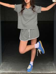 DAZY Conjunto deportivo casual de mujer con blusa tipo polo y falda-pantalón con ribete de contraste