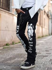 Manfinity EMRG Men's Black Washed Gothic Print Stretch Slim Fit Flared Jeans - Black - View 1