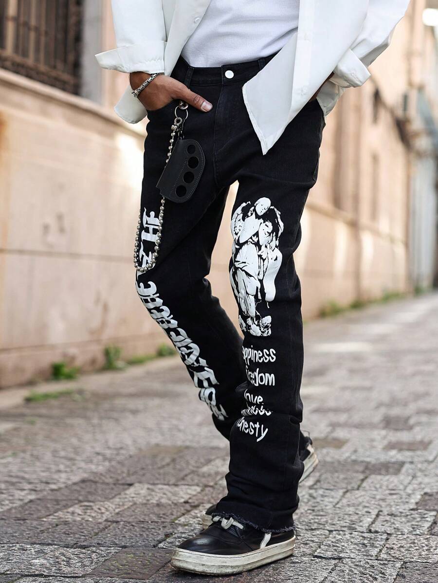 Manfinity EMRG Men's Black Washed Gothic Print Stretch Slim Fit Flared Jeans - Black - View 1