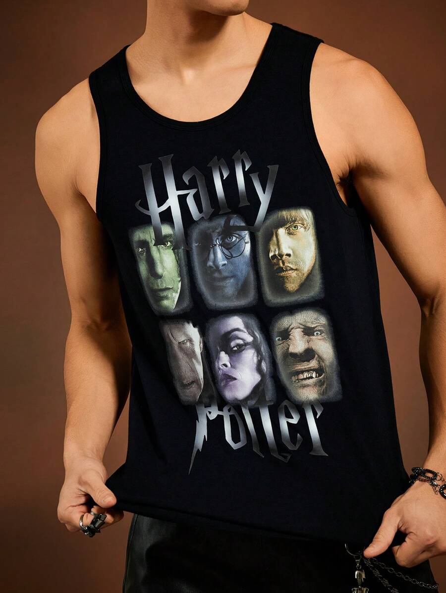 HARRY POTTER X SHEIN Men's Casual Fitted Knit Classic Figure Graphic Black Tank Top, Spring/Summer - Black - View 1