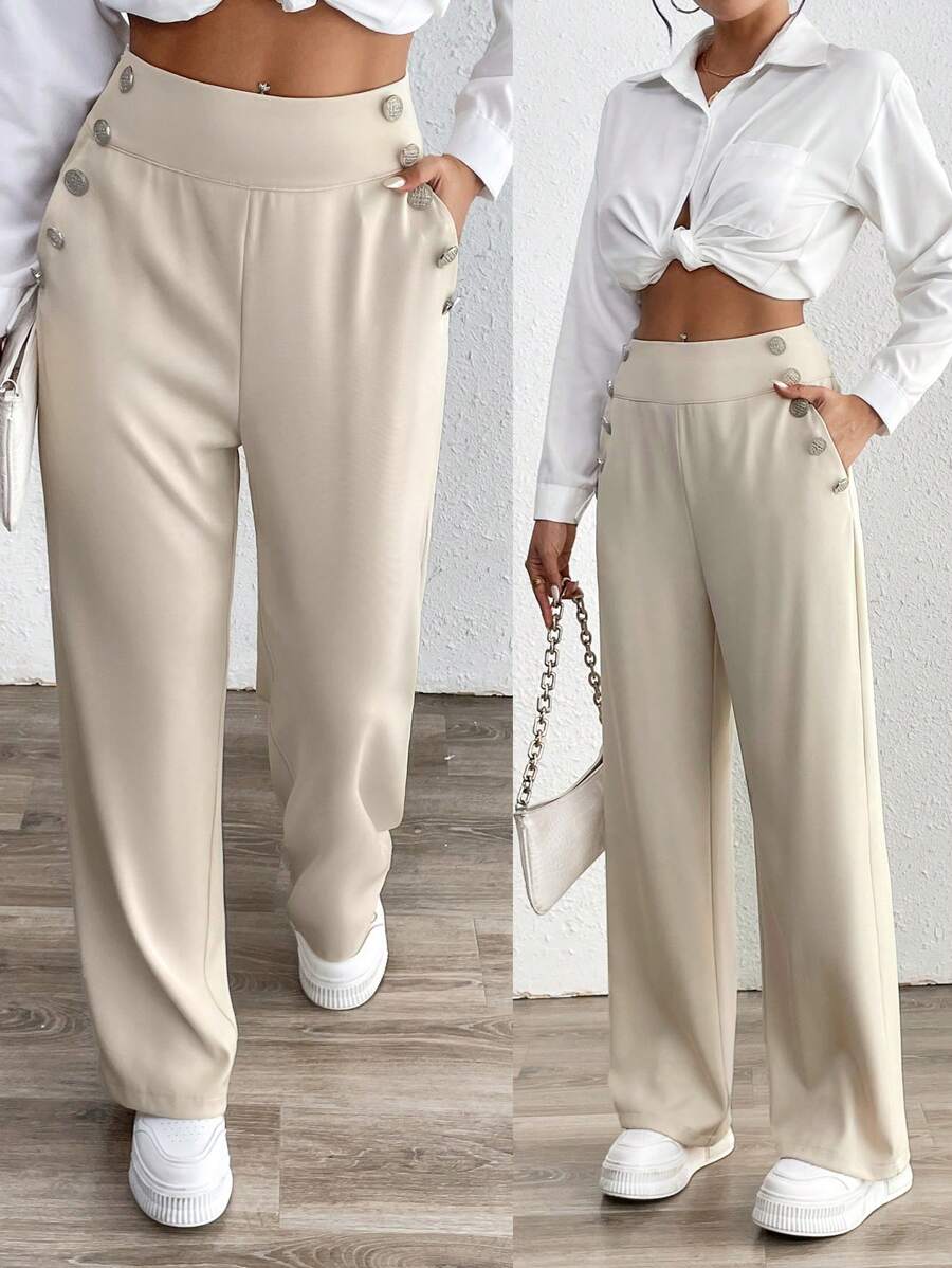 Chiquease Women's Solid Color Casual Straight Leg Pants With Pockets & Button Decor, Vacation Fall Cloth For Women - Khaki - View 1