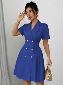 Elenzga Women's Elegant V-Neck Collared Double-Breasted Waist Fit And Flare Short Sleeve Mini Dress, Commuter & Casual - Royal Blue - View 3